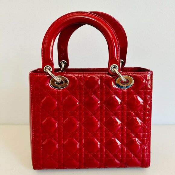 CHRISTIAN DIOR TWO-WAY LADY DIOR PATENT LEATHER TOTE SHOULDER BAG RED - Picture 5 of 16